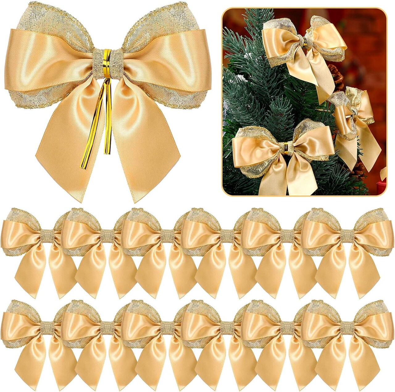 Christmas Tree Bows Glitter Decorative Bow Handmade Cute Tree Bow Christmas DIY Bows Mini Holiday Bowknot for Christmas Home Package Party Decors Supplies, 4.72 Inch (Gold, 12)
